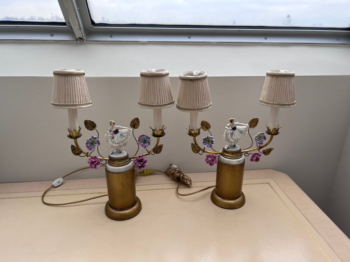 Pair of Beautiful 2-Light Table Lamps, with Porcelain Lace Figurines
