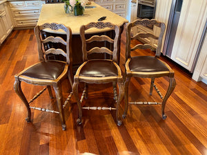 3 Antique Wood & Leather Bar Stools