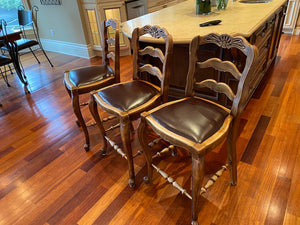 3 Antique Wood & Leather Bar Stools