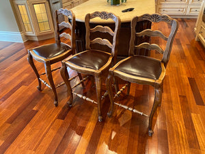 3 Antique Wood & Leather Bar Stools