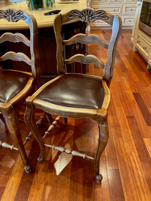 3 Antique Wood & Leather Bar Stools
