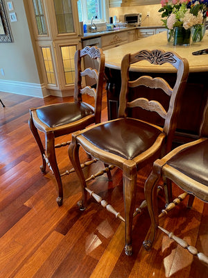 3 Antique Wood & Leather Bar Stools