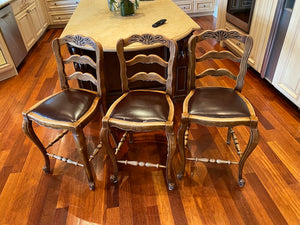 3 Antique Wood & Leather Bar Stools