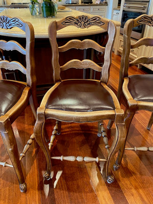 3 Antique Wood & Leather Bar Stools