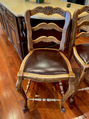 3 Antique Wood & Leather Bar Stools