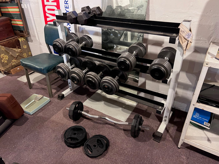 Dumbbells, Rack, Plates + Bench Lot