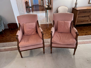 Pair of Vintage Salmon Armchairs with Carved Wood Frames
