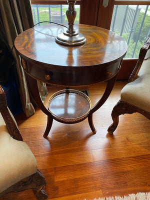 "Maitland Smith" Burled Wood Round Table, with gold accents