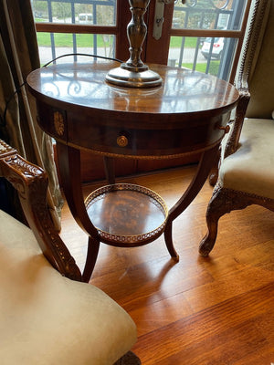 "Maitland Smith" Burled Wood Round Table, with gold accents