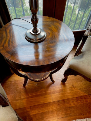 "Maitland Smith" Burled Wood Round Table, with gold accents