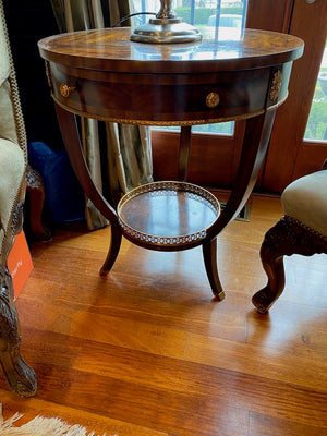 "Maitland Smith" Burled Wood Round Table, with gold accents