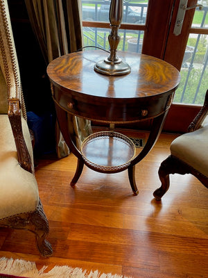 "Maitland Smith" Burled Wood Round Table, with gold accents