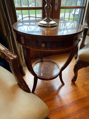"Maitland Smith" Burled Wood Round Table, with gold accents