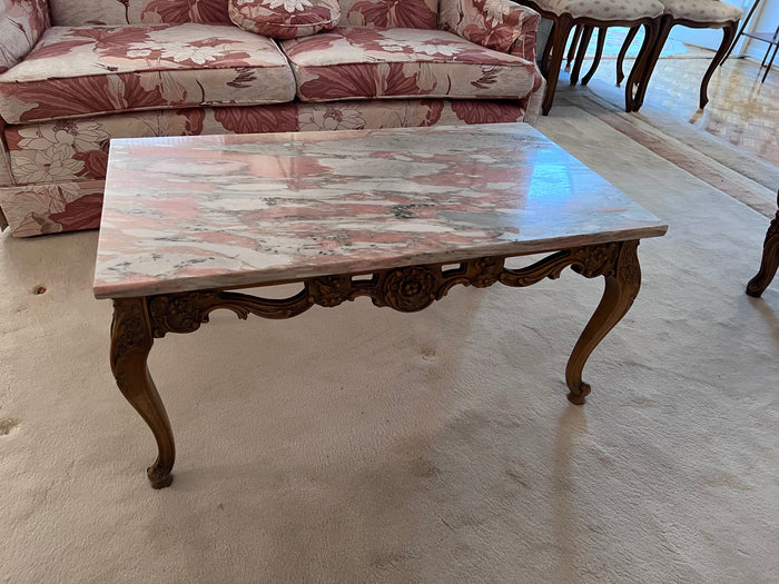 Vintage Marble Coffee Table with Carved Wood Base