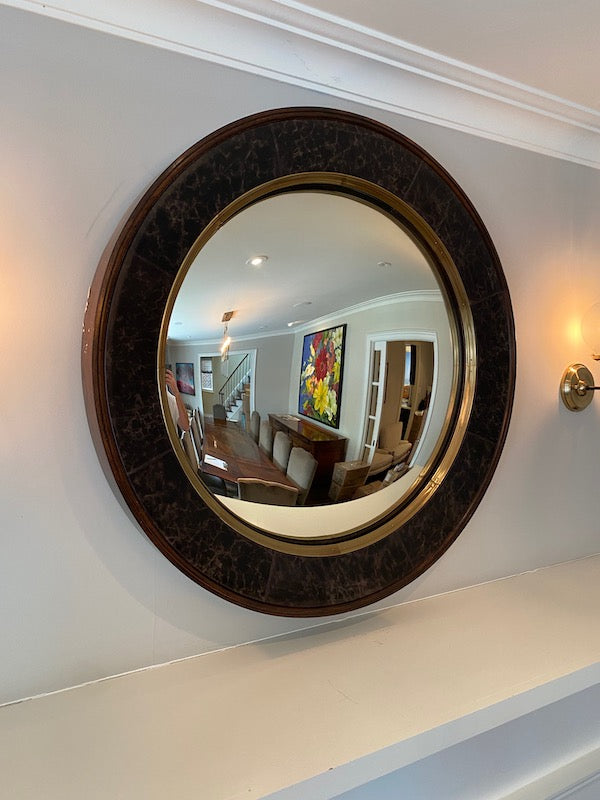 Round Brown & Gold Mirror with a front leather trim