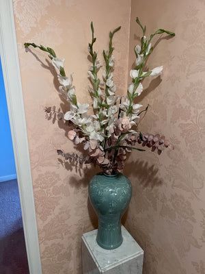 Green Ceramic Vase with Faux Flowers
