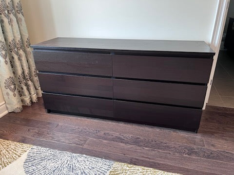 malm black brown dresser Black 6 drawer dresser. Ikea malm style. All drawers roll smoothly. Good pre owned condition. Very minimal wear. Width - 63.5 Depth - 19 Height
