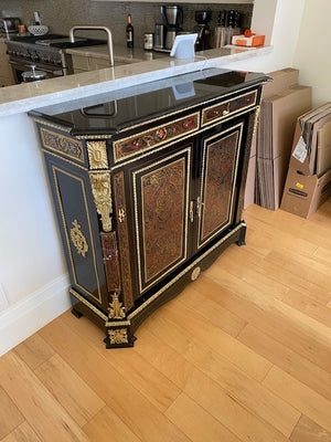 Black Ornate Marble Top Cabinet with Gold & Painted Accents