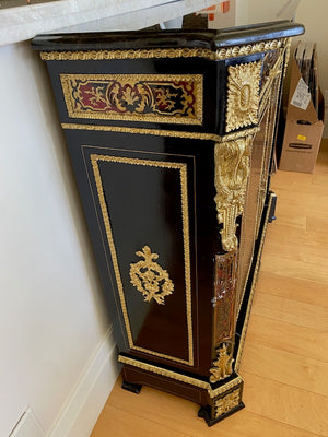 Black Ornate Marble Top Cabinet with Gold & Painted Accents