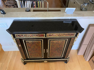 Black Ornate Marble Top Cabinet with Gold & Painted Accents