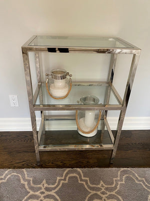 Chrome, Glass 3 Tier Shelving Unit + 2 Candles