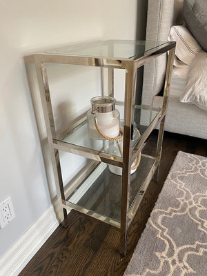Chrome, Glass 3 Tier Shelving Unit + 2 Candles