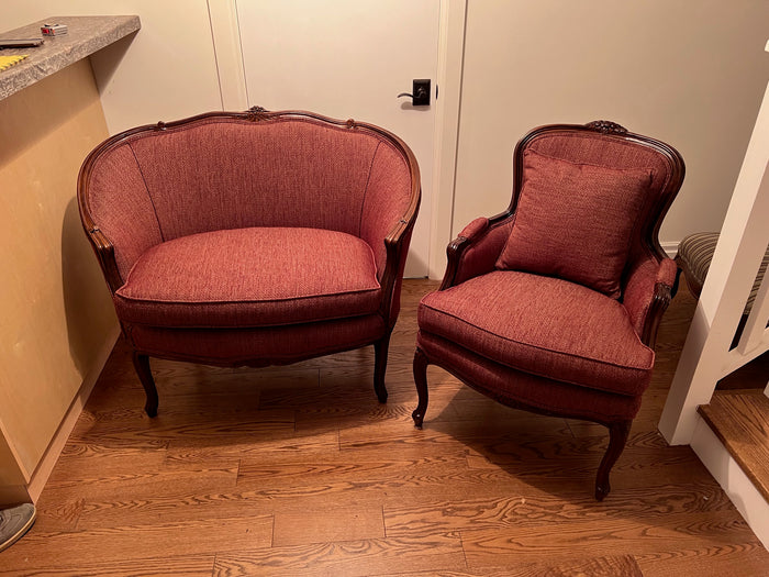 Antique Red Upholstered Curved Love Seat + Armchair
