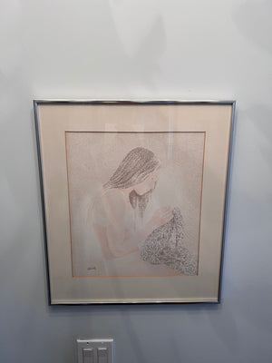Ink Drawing 'Wendy Sewing' by Manly Geller