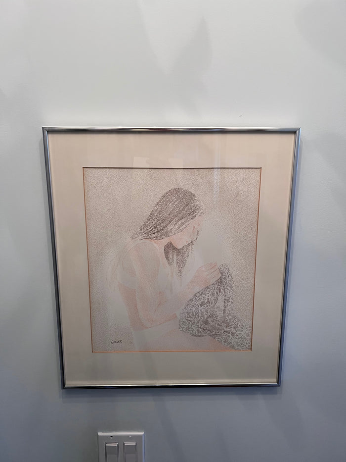 Ink Drawing 'Wendy Sewing' by Manly Geller