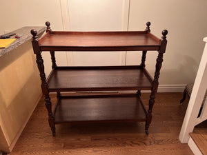 English Regency Style Oak Ball Finial, Three Shelf Etagere on Casters