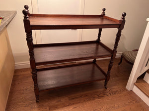 English Regency Style Oak Ball Finial, Three Shelf Etagere on Casters