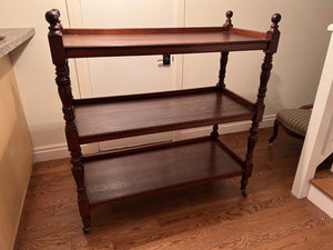 English Regency Style Oak Ball Finial, Three Shelf Etagere on Casters