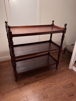 English Regency Style Oak Ball Finial, Three Shelf Etagere on Casters