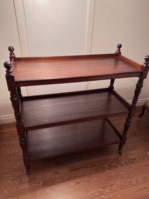 English Regency Style Oak Ball Finial, Three Shelf Etagere on Casters