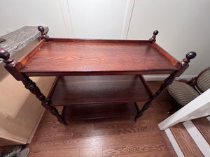 English Regency Style Oak Ball Finial, Three Shelf Etagere on Casters
