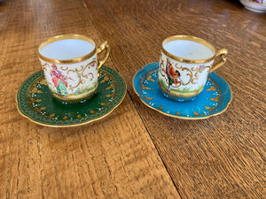 2 Miniature Antique Dresden Cups & Saucers