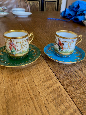 2 Miniature Antique Dresden Cups & Saucers