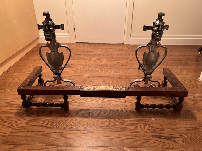 Antique Fireplace Curb Fender & 2 Cast Iron Andirons
