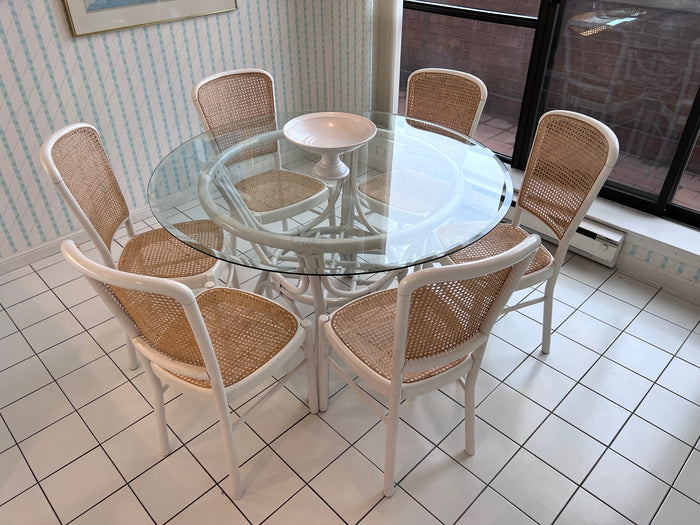 Vintage Round Glass Dining Table, White Rattan Base + 6 Matching Cane Chairs