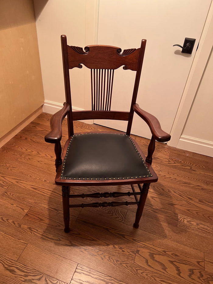 Solid Oak Press-Back Armchair, Black Leather Seat