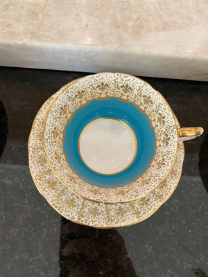 Aynsley Light Blue and Gold Bone China Cup & Saucer