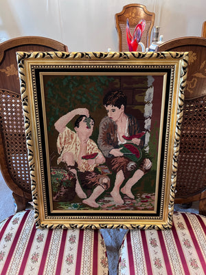 Gold Framed Needlepoint Art- Boys Eating Grapes and Watermelon