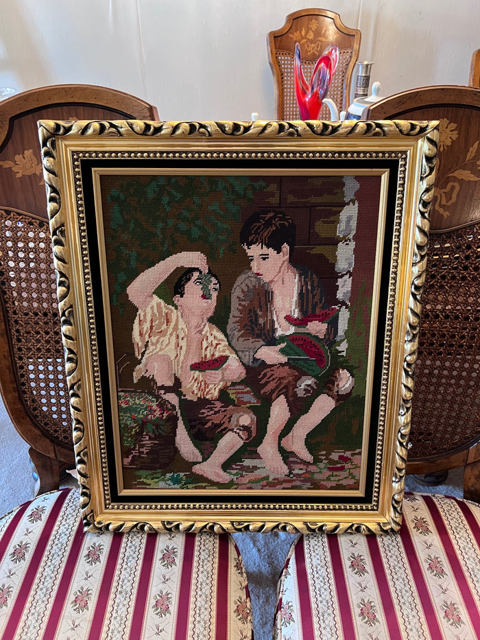 Gold Framed Needlepoint Art- Boys Eating Grapes and Watermelon
