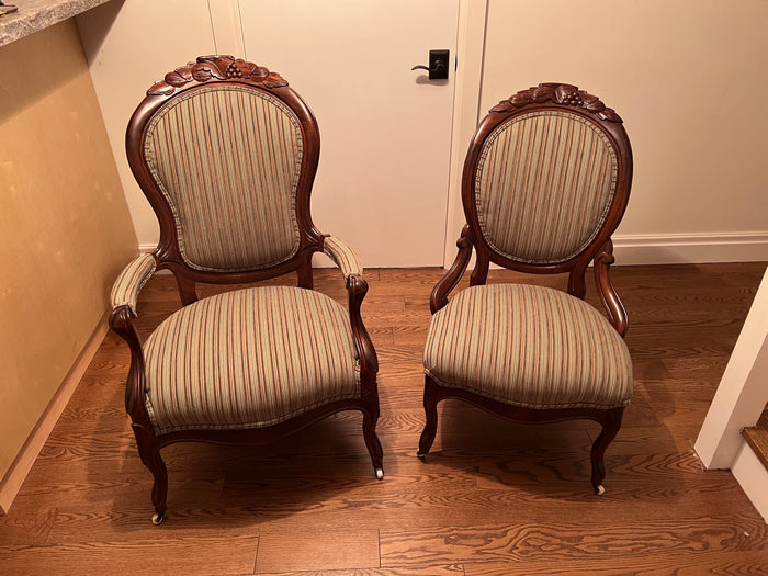 Pair of Victorian His and Hers Arm Chairs, Striped Upholstery