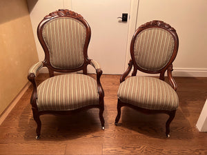Pair of Victorian His and Hers Arm Chairs, Striped Upholstery