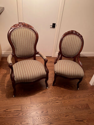Pair of Victorian His and Hers Arm Chairs, Striped Upholstery