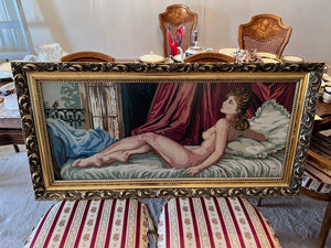 Large Gold Framed Needlepoint- Nude Lady Posing