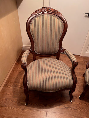 Pair of Victorian His and Hers Arm Chairs, Striped Upholstery