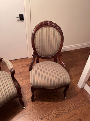 Pair of Victorian His and Hers Arm Chairs, Striped Upholstery