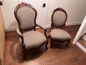 Pair of Victorian His and Hers Arm Chairs, Striped Upholstery